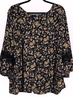 FLOWY LACE DETAIL BELL SLEEVE WOMEN'S FLORAL BLOUSE EUC 3X XXXL